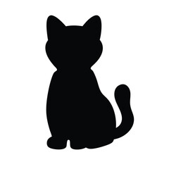 Black Silhouette of a Sitting Cat with a Fluffy Tail and Ears