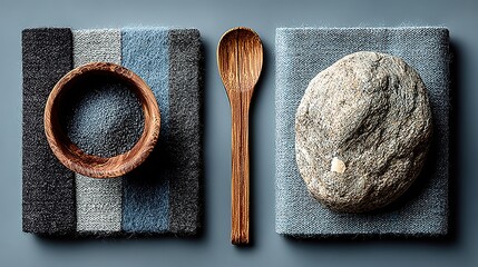 Bowl spoon and dough ball on square mats against a blue background.