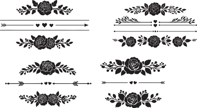 Elegant black floral dividers and borders. rose, leaf, branch, heart, arrow motifs. perfect for wedding invitations, certificates, art.