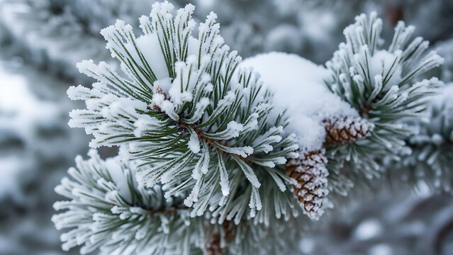 Close up of a pine branch covered in frost and snow with a pinecone - Powered by Adobe