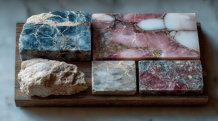Several mineral stone samples are displayed on a small wooden board.