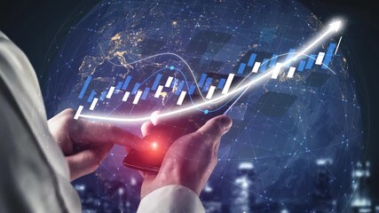 A businessman uses a smartphone to analyze financial data, surrounded by futuristic digital graphs and a city skyline, symbolizing modern investment strategies. Copula - Powered by Adobe
