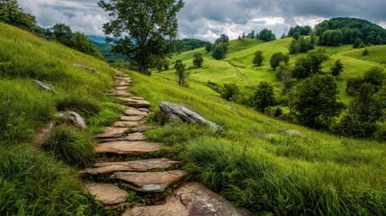 A stone pathway winds through vibrant green hills, surrounded by trees as dark clouds gather above the serene countryside. Nature shows its beauty in every direction.