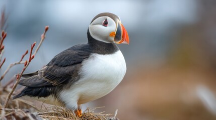A puffin stands proudly on a rocky ledge, showcasing its vibrant beak and distinctive plumage in the soft morning light. The backdrop features blurred coastal scenery.