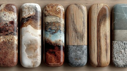 Row of rectangular objects made of stone wood and other natural materials.