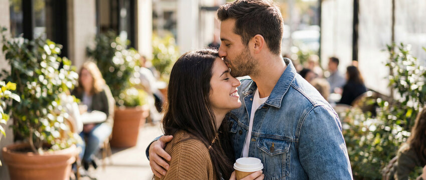 Affectionate moment between a happy young couple, as the man tenderly kisses the woman's forehead on a sunny urban cafe patio, showing love and connection
