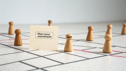 Close-up shot of wooden game pieces on a grid board with a plan your movement card in a strategic business setting with a neutral mood.