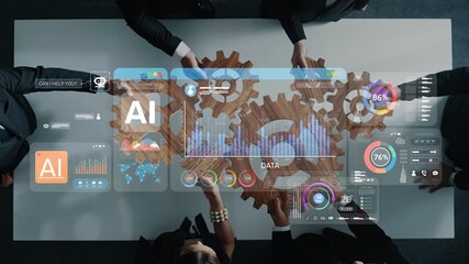 A diverse team collaborates around a table, utilizing AI and digital tools for data analysis, enhancing decision-making, and fostering innovation in a contemporary office. Raster - Powered by Adobe