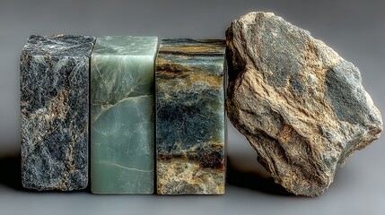 Four stones of different shapes colors and textures arranged in a row.