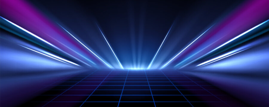 Fototapeta Speed motion neon tech lines on dark background with glowing blue and purple light effects. Abstract digital space with futuristic energy trails, cyber network flow and high speed data visualization.