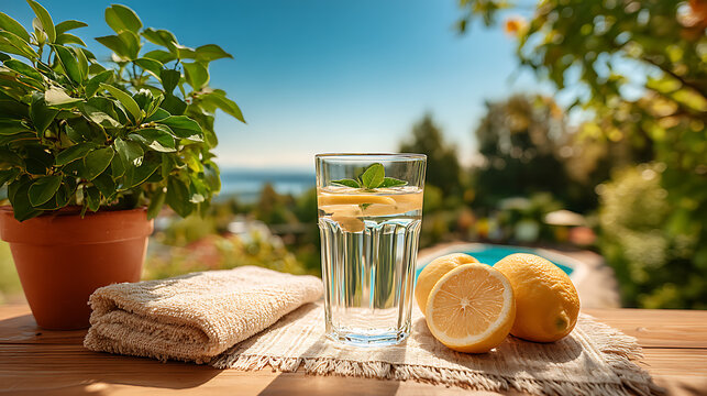 Refreshing lemon water glass with towel plant and citrus slice on wooden table promoting self care and well being in sunny garden retreat with calm pool and sea view - Powered by Adobe
