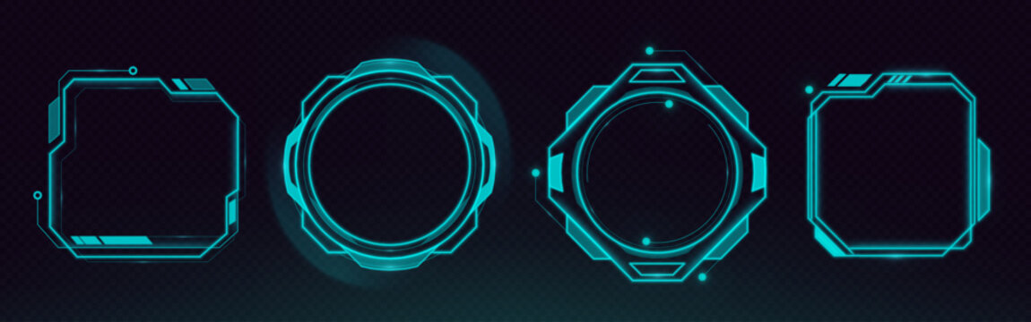 Futuristic HUD frames set isolated on transparent background. Vector realistic illustration of neon high tech game borders, cyberpunk ui design elements, hologram data boxes, virtual reality screen