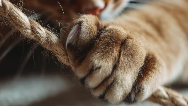 Close up of a cat's paw gripping a thick rope, showcasing sharp claws and detailed fur texture. The image captures feline strength and playful curiosity in a natural setting