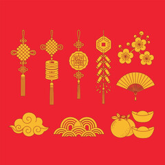 a vibrant collection of traditional chinese new year decorations featuring golden ornaments like knots fans blossoms and auspicious symbols on a red background