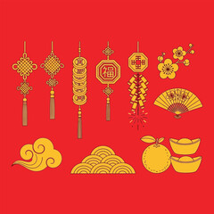 an arrangement of traditional chinese new year decorations including golden ornaments fans ingots and a cloud set against a vibrant red backdrop high quality