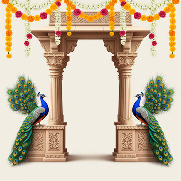 Indian Wedding Arch with Peacocks and Elaborate Floral Garlands archway pillars isolated on a transparent background