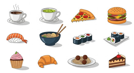A collection of colorful cartoon-style food icons including coffee, tea, pizza, burger, sushi, noodles, cupcake, croissant, and pasta.