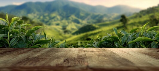 The Wooden Table Overlooking Lush Green Tea Fields and Misty Mountain Valley