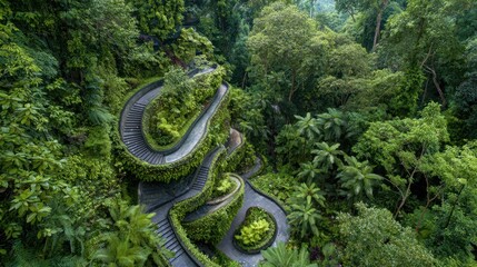 A winding stone path meanders through a vibrant tropical forest. Lush greenery surrounds the path, showcasing a serene and peaceful natural setting in bright daylight.
