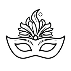 A detailed black and white line drawing depicts an ornate venetian mask with flowing feather details and elegant curves suggesting mystery and festivity