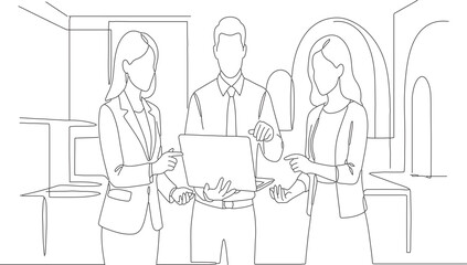 Business Team Collaboration Line Art – Team Discussing Project with Laptop in Office