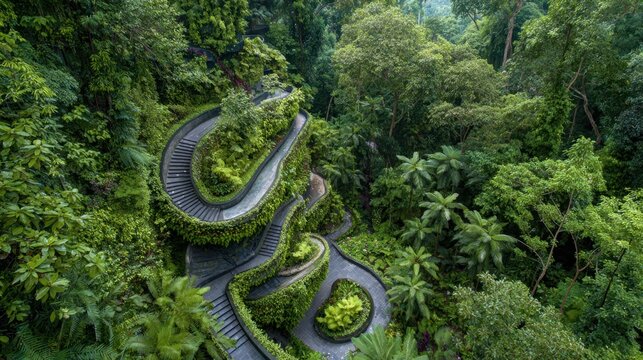 A winding stone path meanders through a vibrant tropical forest. Lush greenery surrounds the path, showcasing a serene and peaceful natural setting in bright daylight. - Powered by Adobe