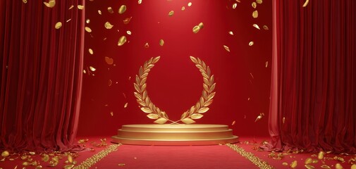 The golden laurel wreath on a luxurious red stage with falling confetti