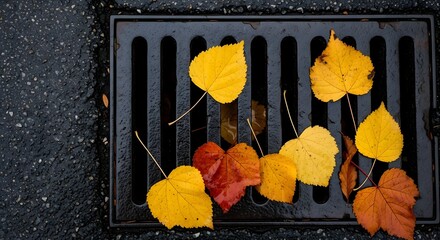 Bright autumn leaves stuck in a wet metal drain grate on dark asphalt, representing the urban ecology and changing seasons concept.