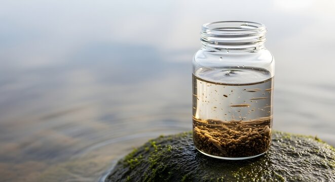 Analyzing a clear glass jar with a water sample revealing lake pollution sediment, representing a critical environmental ecology concept