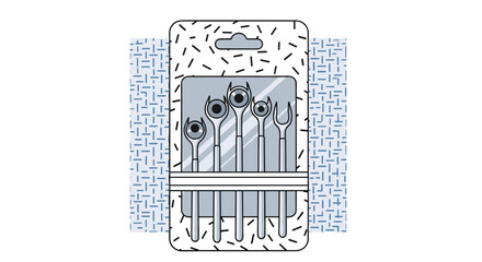 Obraz premium A cartoon illustration of a set of metal cocktail or fruit picks in modern packaging with an abstract background pattern.