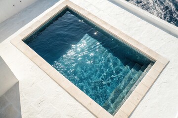Fototapeta premium Modern swimming pool beside a luxury house with glass walls, wooden deck, and balcony. Calm water reflects sky and surroundings, creating a serene and spacious outdoor atmosphere.