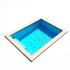 Fototapeta premium Modern swimming pool beside a luxury house with glass walls, wooden deck, and balcony. Calm water reflects sky and surroundings, creating a serene and spacious outdoor atmosphere.