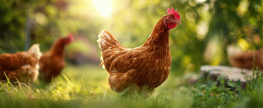 The hen foraging in a sunlit meadow with other free-range chickens