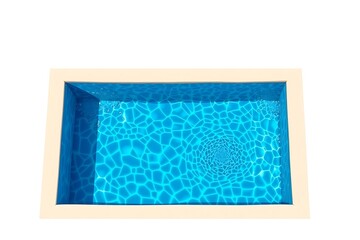 Fototapeta premium Modern swimming pool beside a luxury house with glass walls, wooden deck, and balcony. Calm water reflects sky and surroundings, creating a serene and spacious outdoor atmosphere.