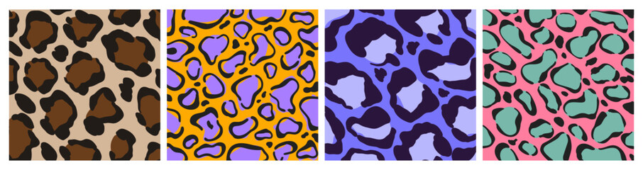 Fototapeta premium Animal skin patterns in y2k style. Brown and purple leopard spots, neon pink with green cheetah print texture. Abstract vector background for fashion or trendy graphic design