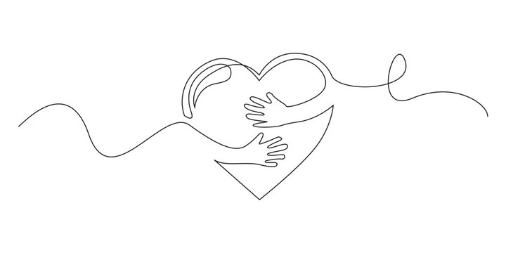 Continuous line drawing of hands gently hugging a heart.
One line drawing representing love, care, protection, compassion, emotional support, and a warm sense of connection.