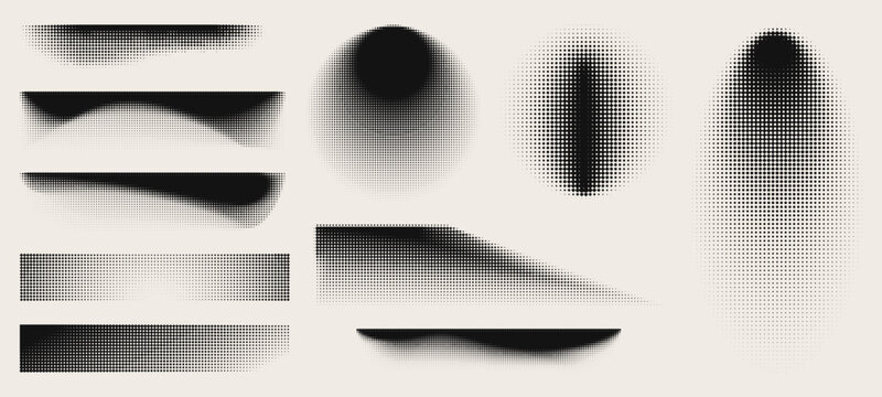 Abstract halftone shapes set isolated on background. Vector illustration of gradient dot frames with shadow effect, grainy noise texture, faded black stipple pattern, geometric dotwork elements