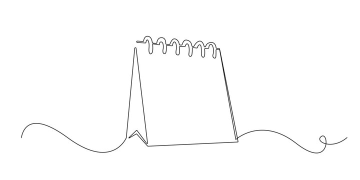 Continuous line drawing of a standing desk calendar with spiral binding.Single line illustration suitable for scheduling themes, planning, organization, reminders, and time management design.