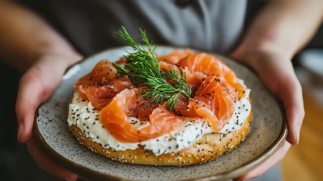 Chef holding plate with bagel, cream cheese, salmon, and dill