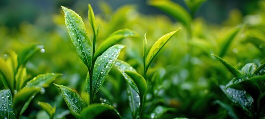 Obraz premium The Tea Leaves Glowing With Dew On Vibrant Green Plant Plantation At Morning
