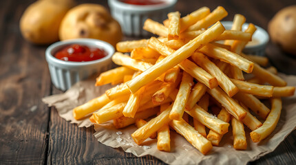 Delivery foods. Pizza, hamburgers, fried chicken and sides. Above view on a dark wood background.