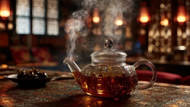 Steaming Herbal Tea in a Glass Teapot on Elaborate Table with Soft Bokeh Lighting in Oriental Setting creating Warm and Cozy Ambience for Adobe Stock Photo