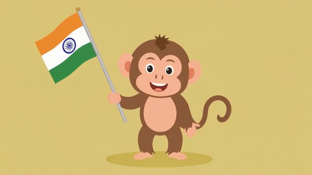 Happy cartoon monkey proudly holding the Indian flag illustration.