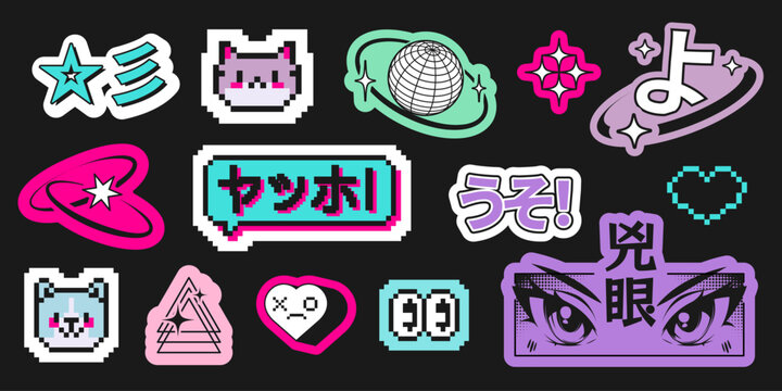 Naklejki Y2k anime stickers set isolated on black background. Vector illustration of pixel heart and star icons, Asian hieroglyphs, girl eyes, cute kawaii pets, planet icon, trendy retro futuristic emoji
