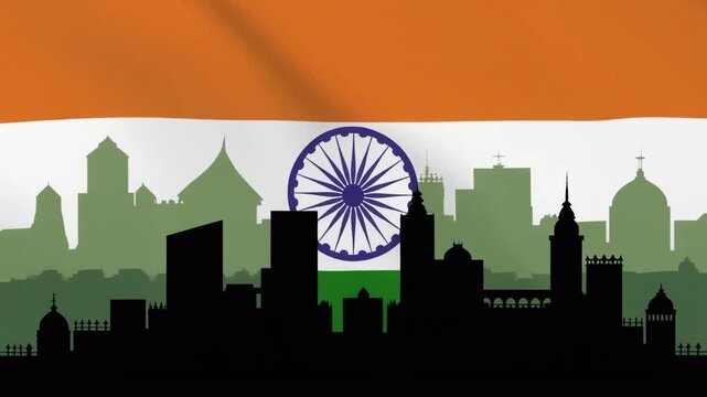 Indian Flag Waving Over Cityscape Silhouette Patriotic India Background.
