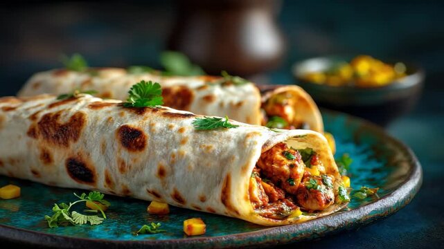 Authentic Burritos with Chicken and Corn Salsa on Blue Textured Plate in Dark Moody Lighting Food Photography Ready for Adobe Stock