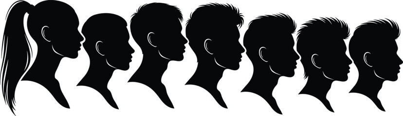 male and female profile silhouettes, human head outline set, hairstyle variation collection, side view faces vector design illustration pack