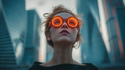 A woman stands in a modern city, wearing glowing orange circular glasses. She looks up with a thoughtful expression as skyscrapers rise around her in the evening light.
