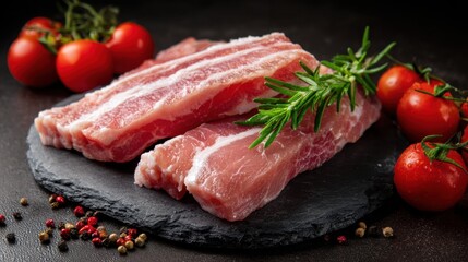 Fototapeta premium Fresh pork ribs are arranged on a dark slate tray alongside plump cherry tomatoes and vibrant rosemary, showcasing a delightful contrast of colors and textures in a kitchen.