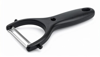 A black Y-shaped vegetable peeler with horizontal stainless steel blade and ergonomic handle on a plain background.